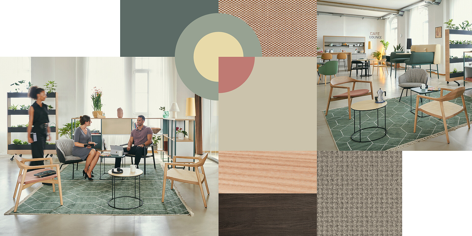 : Tres personas en una moderna oficina de coworking con se:café wooden chair, moqueta verde y plantas, dos sentadas a una mesa y una pasando por delante.