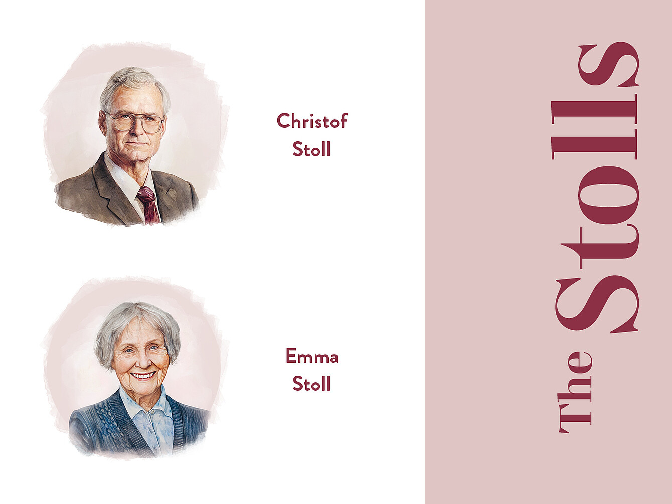 Ritratti di Christof Stoll ed Emma Stoll, con i loro nomi riportati accanto a ciascuna figura. Sul lato destro è riportato il testo “The Stolls” in caratteri ben visibili.
