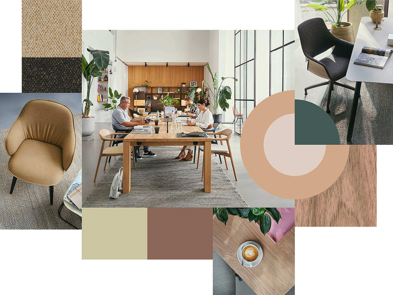 Collage con mobiliario de oficina Sedus: a la izquierda, se:café soft chair en beige; en el centro, se:café team table con se:café wooden chair; arriba a la derecha, silla giratoria se:mission en mesa se:vision, rodeada de campos de color.