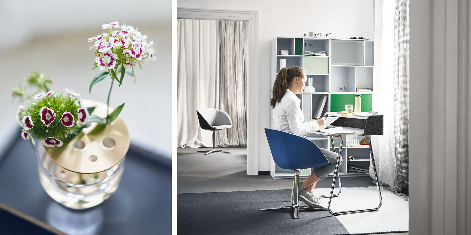 Woman sitting at a modern desk with a laptop and notebook in a bright office with shelves and a chair in the background.