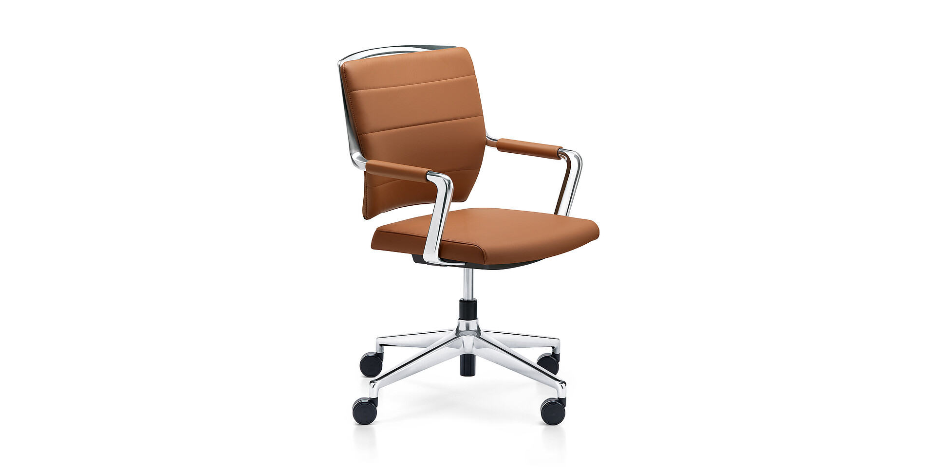 Sedus Crossline Prime office chair with brown leather seat and backrest, chrome armrests and base with casters