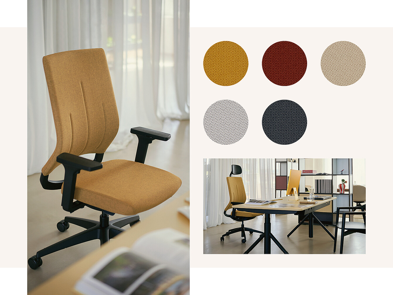 Una sedia da ufficio ergonomica color senape con braccioli e tessuto testurizzato è raffigurata accanto a una scrivania in legno chiaro. Sopra la sedia sono esposti cinque campioni di tessuto circolari nei colori rosso, beige, grigio e blu scuro. Sullo sfondo, sulla scrivania sono visibili una seconda sedia ergonomica e una rivista.